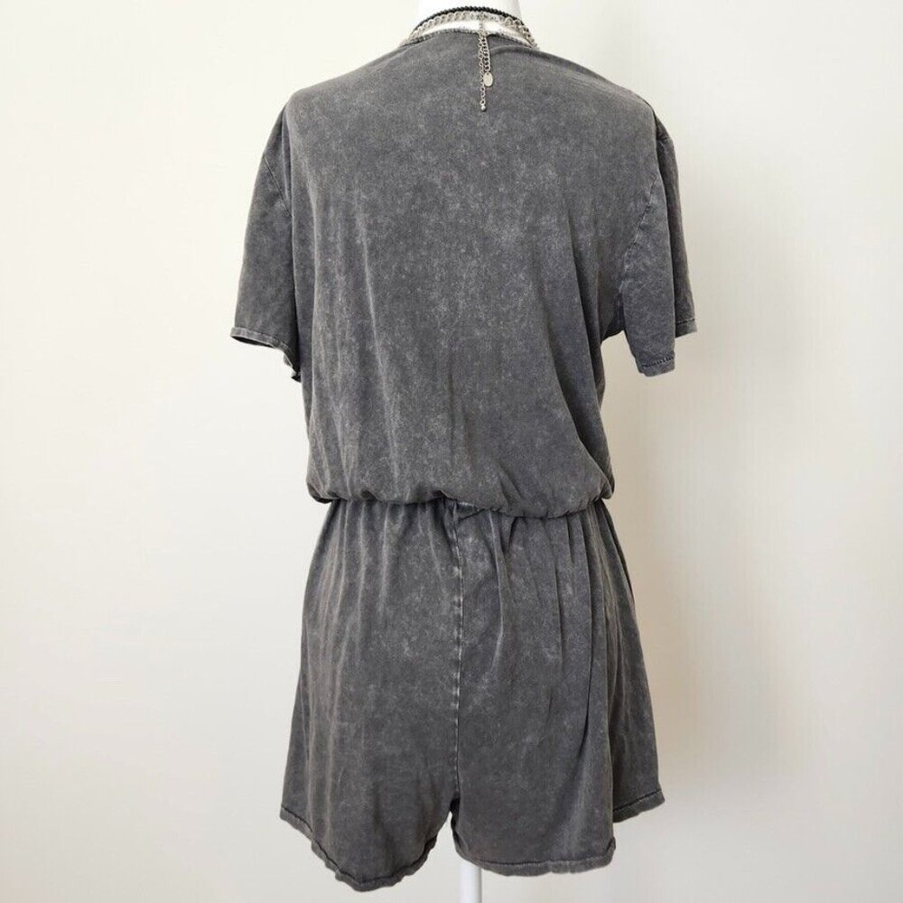 H&M Gray Romper Sz Medium Acid Wash Grunge Goth Punk Elastic Waist Short Sleeve - Picture 4 of 16